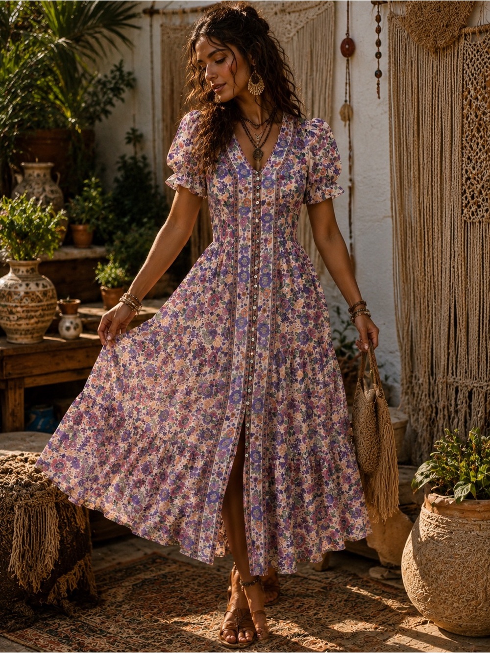 Floral V-Neck Button-Front Milkmaid Maxi Dress Lavender boho romantic